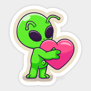 Cute Alien Hug Love Heart Cartoon Sticker